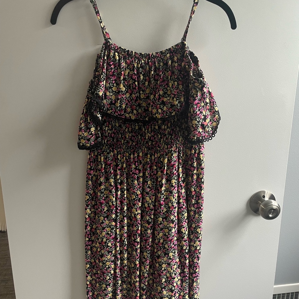 Lily Rose Pink and Brown Ruffled Tiered dress, sleeves hang off shoulder